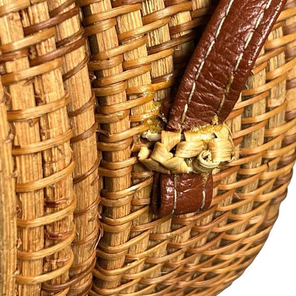 Round Rattan Straw Bag Wicker Purse Crossbody Faux Leather Strap Boho - Picture 9 of 12